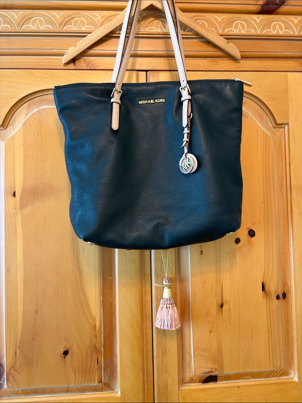 Michael Kors Black Leather Tote with Beige Straps and Gold Logo Charm